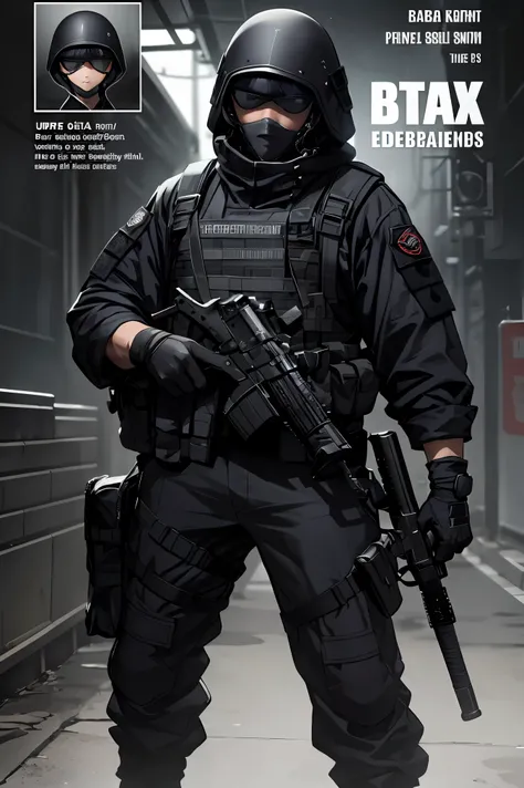 The character in the image is depicted wearing a full black tactical outfit. This includes a long-sleeved shirt and pants with multiple pockets and straps.. Clothing suggests readiness for combat or stealth operations. Gloves cover hands, e uma das mangas ...