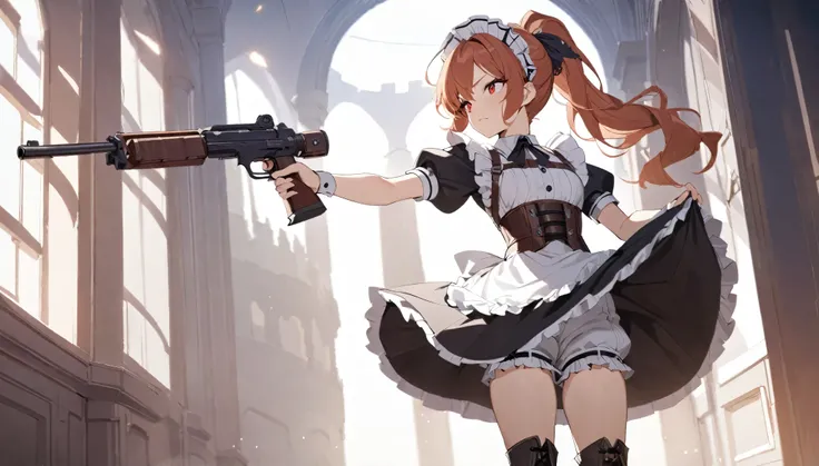 (best quality,4k,8k,highres,masterpiece:1.2),ultra-detailed, (1girl) A cute teenage gunslinger maid with red eyes, drawn in anime style, spiky ginger hair in a long ponytail, victorian fashion, wearing a cute black maid dress with puffy sleeves, corset, ta...