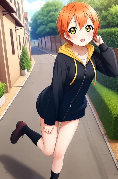 Masterpiece, best quality, Hoshizora rin, orange hair, yellow eyes, solo, looking_at_viewer, blush, smile, short_hair, open_mouth, long_sleeves, standing, collarbone, yellow_eyes, hair ornaments, :p, village street, hood, bare_legs, hoodie, standing_on_one...