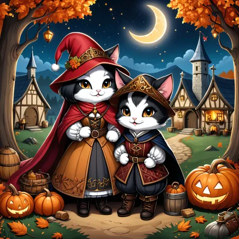 Professional cartoon illustration, (masterpiece in maximum 16K resolution, superb quality, ultra detailed:1.3), (cute round autumn postcard adorned with exquisite detailes:1.4), a calico feline love medieval couple sitting on a log amidst the (medieval cam...