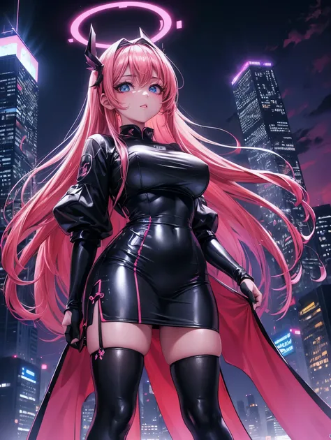 anime, (obra de arte, melhor qualidade, ultra-detalhado, Alto contraste), 1 mulher (sozinho, corpo todo, corpo plus size, standing on the edge of the skyscraper, cabelo prateado, LONGO em um rabo de cavalo, olhos vermelhos, olhos perfeitos brilhos de rubi,...