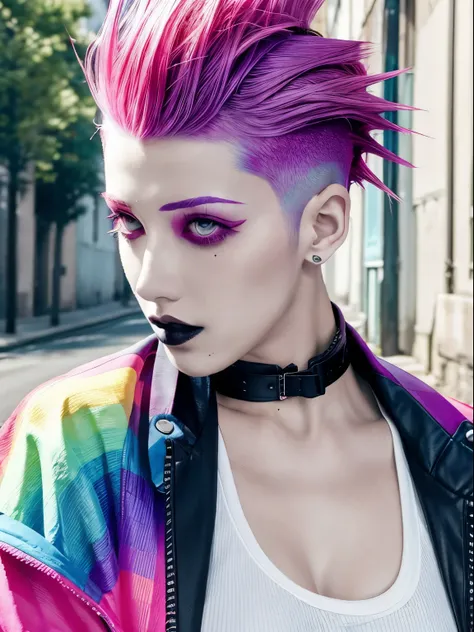 1girl,mowhawk with shaved sides, bright gradient hair, goth makeup, alt, outdoors, abandoned street, collar, perfect breasts, rainbow jacket, rainbow bra