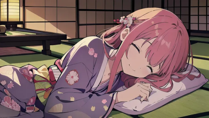 Very detailed, Detailed Background,　(highest quality, masterpiece, High resolution), One girl,　smile,　 Mid-chest, Pink Hair,  Upper Body, pajamas,　long hair、　(night:1.4)、　Dimly lit room, Co-sleeping style,　(Japan tatami room:1.4)