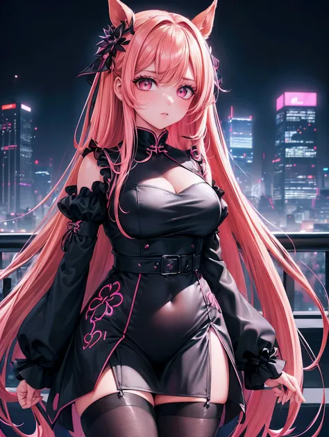 anime, (obra de arte, melhor qualidade, ultra-detalhado, Alto contraste), 1 mulher (sozinho, corpo todo, corpo plus size, standing on the edge of the skyscraper, cabelo prateado, LONGO em um rabo de cavalo, olhos vermelhos, olhos perfeitos brilhos de rubi,...