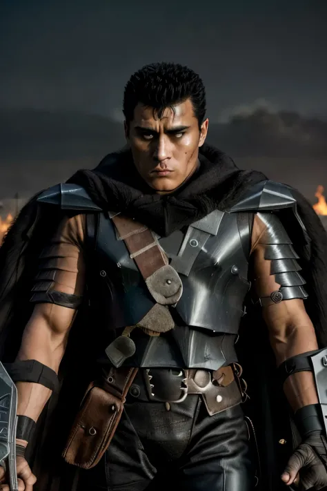 guts (berserk), 1boy, black hair, ((serious)), calm,  serious face, lifeless,  looking away, male focus, one eye closed, dark background, scar, scar on face, scar on nose, cape, full armor, short hair, solo, black armor, weapon on back, full moon,  traditi...