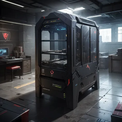 An arsenal room of futuristic cyber and digital weapons, state-of-the-art. Em uma mesa de madeira se encontra cartuchos de balas e baterias de armas raio lazer. The surrounding environment is threatening, dungeon with damp stone walls and a silence that se...