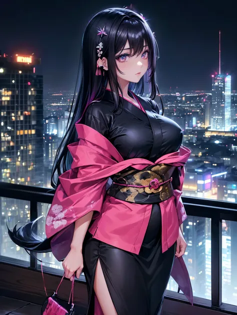 anime, (obra de arte, melhor qualidade, ultra-detalhado, Alto contraste), 1 mulher (sozinho, corpo todo, corpo plus size, standing on the edge of the skyscraper, cabelo prateado, LONGO em um rabo de cavalo, olhos vermelhos, olhos perfeitos brilhos de rubi,...