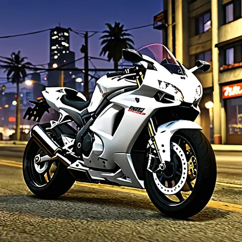 A white superbike with nitro, Its night  ,style grand theft auto,