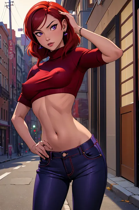 (Masterpiece, Best Quality, High Quality),(NSFW:1.3),Nishikino maki, Red hair, purple eyes, cowboy shot,low waisted pants, tight ,(sweater crop top), (sexy stomach), detailed belly, midriff, big breasts,looking at viewer,  earrings,in street