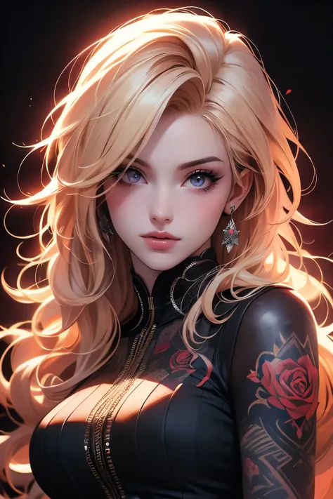 Ryan Ashley Malarkey, perfil portrait image of a woman with long light blond and black curly hair, red eyes, she wears social clothes and have a lot of ((tattoos on her body)). She is smiling like a villain, with a moon tattooed on her face, she is on a da...