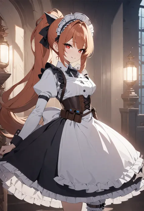 (best quality,4k,8k,highres,masterpiece:1.2),ultra-detailed, (1girl) A cute teenage bodyguard maid with red eyes, drawn in anime style, spiky ginger hair in a long ponytail, victorian fashion, wearing a cute black maid dress with puffy sleeves, corset, tac...