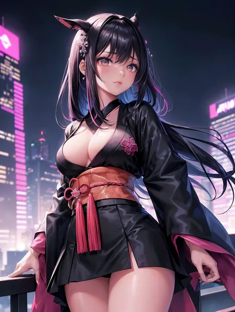 anime, (obra de arte, melhor qualidade, ultra-detalhado, Alto contraste), 1 mulher (sozinho, corpo todo, corpo plus size, standing on the edge of the skyscraper, cabelo prateado, LONGO em um rabo de cavalo, olhos vermelhos, olhos perfeitos brilhos de rubi,...