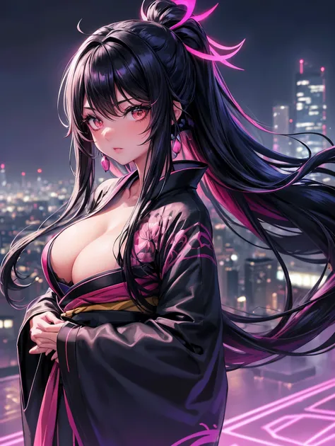 anime, (obra de arte, melhor qualidade, ultra-detalhado, Alto contraste), 1 mulher (sozinho, corpo todo, corpo plus size, standing on the edge of the skyscraper, cabelo prateado, LONGO em um rabo de cavalo, olhos vermelhos, olhos perfeitos brilhos de rubi,...