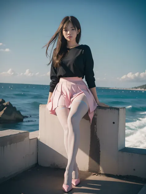 (full body:1.5)，(1girl:1.3),(view the viewer:1.4)，(anatomy correct:1.3),(Sitting on the sea:1.2),(A pink and blue Hip wrap skirt :1.2),( girl pointed thick heels and Pantyhose :1.1)，(Accurate and perfect face:1.3),hyper HD, Ray traching, reflective light，s...