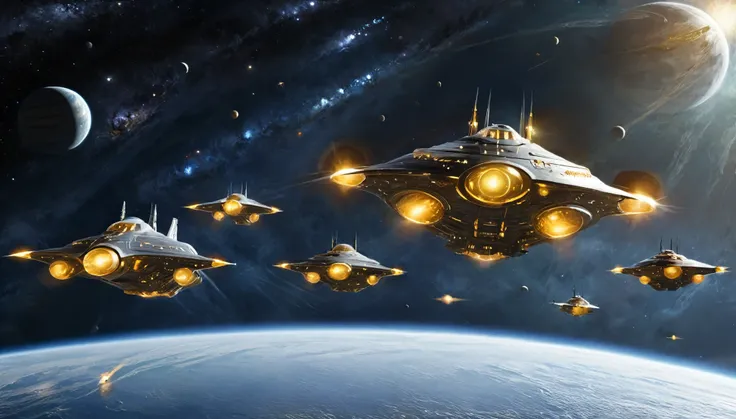 A massive fleet of spaceships gathering near a bright star, with each ship uniquely designed, in a photorealistic style with bold coloration.