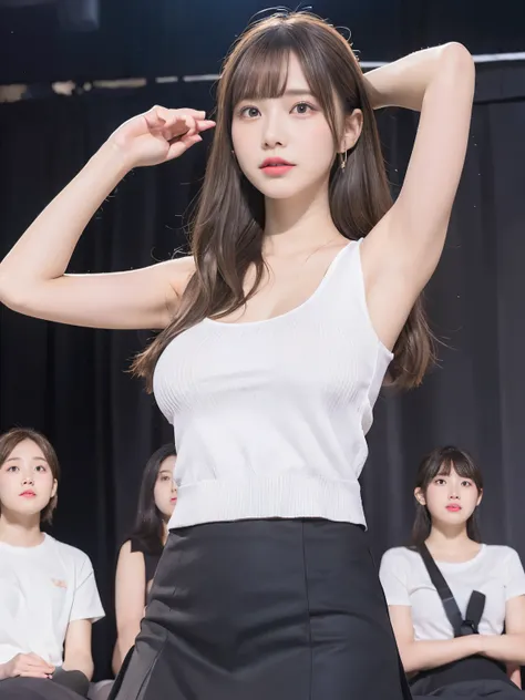 masterpiece、Flat Color、Depth of written boundary、Lens Flare 1 Girl、Brown Hair、Staring at the audience、Big Breasts、 Armpit sweat　sweating　Sides of both hands　　wall: 　 　sight 　mini skirt、Black Pantyhose