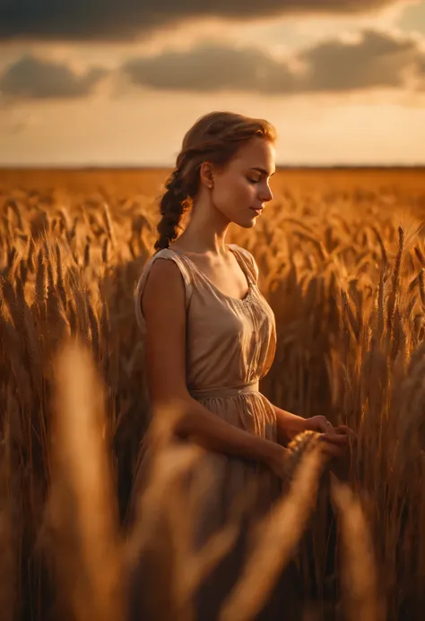 A cute 18-year-old Russian girl working in a wheat field, bright sunlight, a few clouds in the clear sky, profile