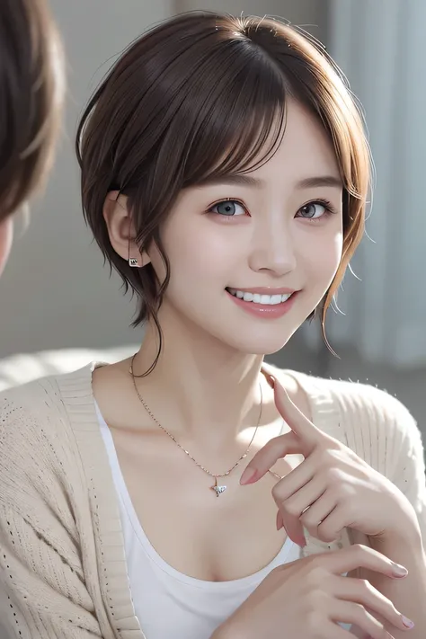 205 ((short hair)), 20-year-old female, In underwear、cardigan、Sleeves are not in place、Dark eyeliner、 A refreshing smile、Beautiful teeth alignment、、Dark brown hair、ear piercing、Necklace around the neck、Looking into the camera
