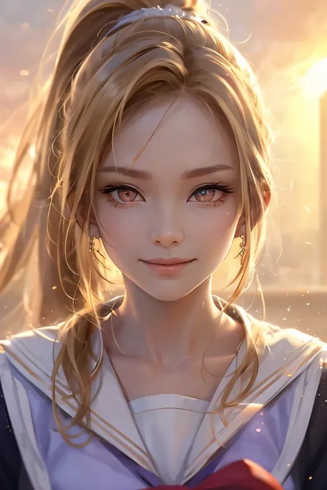 背景はBokeh味, Focus on the subject, Blonde, Front Ponytail, Eye Reflexes, Red contact lenses, Pink Eyes, Heterochromia iridis，Put on earrings, Wicked Smile, Attention to detail, Romanticism, Written boundary depth, Shine, Ray Tracing, Viewfinder, Zoom Layer, ...