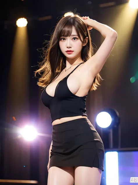 masterpiece、Flat Color、Depth of written boundary、Lens Flare 1 Girl、Brown Hair、Staring at the audience、Big Breasts、 Armpit sweat　sweating　Sides of both hands　　wall: 　 　sight 　mini skirt、Black Pantyhose