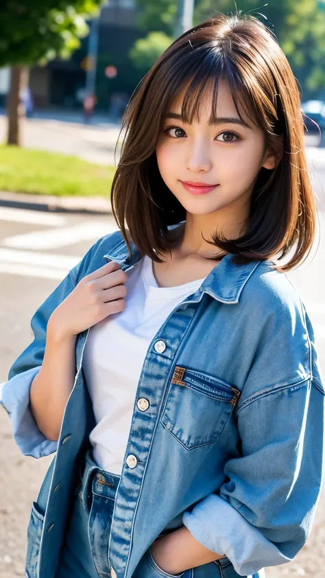 (Best-quality, Masterpiece, Ultra-High-Resolution, (Photorealistic:1.4), Raw Photo, depth of field, professional lighting, perfect anatomy, extremely details), 1girl, 15-years-old, the most famous Japanese idol, cowboy shot, at street, ((wearing the latest...