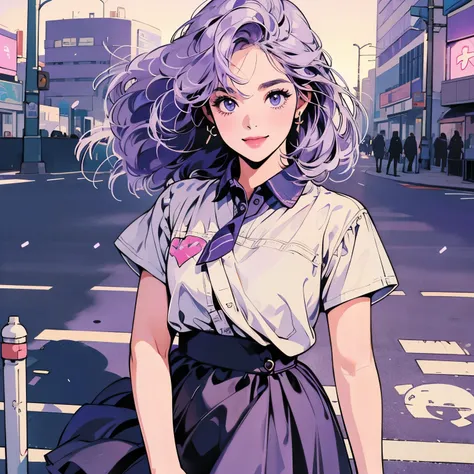 whole body、Kind Face、1 pretty woman、Short sleeve、skirt、pedestrian crossing、Signal 、intersection、Complex background、Detailed Hair、smile、Light purple hair、Faint lighting