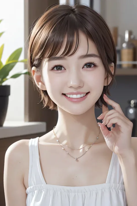 205 ((short hair)), 20-year-old female, In underwear、Dark eyeliner、 A refreshing smile、Beautiful teeth alignment、、Dark brown hair、ear piercing、Necklace around the neck、Looking into the camera

