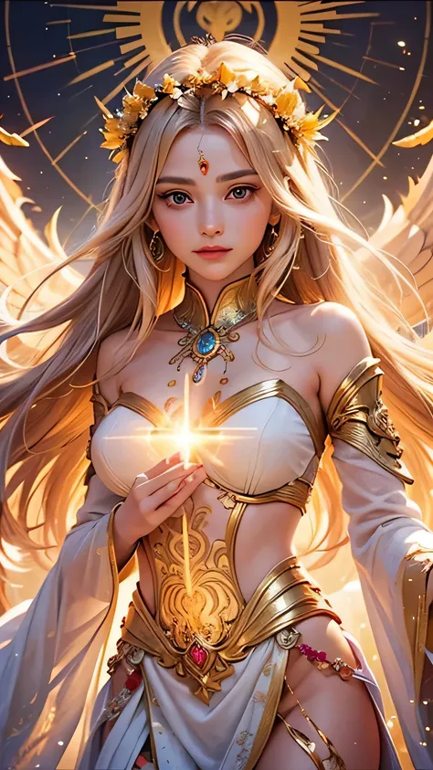 "Maiden of the Sun": Within a sacred sanctuary bathed in sunlight, depict the figure of a sun goddess, facing forward and emanating divine radiance, with golden hair, as she gazes towards us. Zoom in to focus on her face, with light orbs gleaming in her ha...