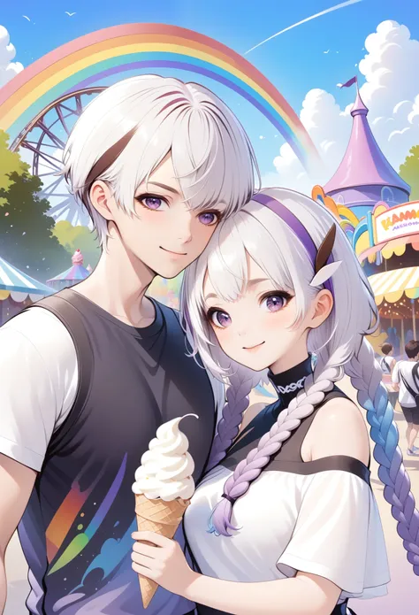 the right amount of art，layered art：happy couple，1 boy-short hair。1 girl - white hair - purple double braids，high collar off-sho...