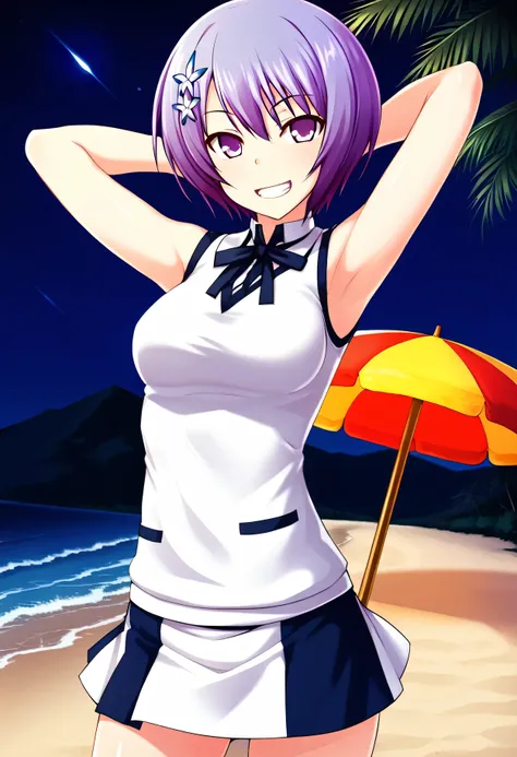 Shiina Miyako, purple hair, short hair, purple eyes, hair ornament, , short sleeves, white sweater vest, white shirt, white skirt, neck ribbon, black ribbon, high quality, solo, night sky, beach, arms behind head, contrapposto, closed mouth, spread armpits...