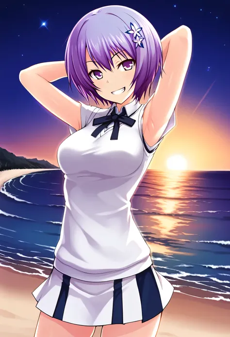 Shiina Miyako, purple hair, short hair, purple eyes, hair ornament, , short sleeves, white sweater vest, white shirt, white skirt, neck ribbon, black ribbon, high quality, solo, night sky, beach, arms behind head, contrapposto, closed mouth, spread armpits...