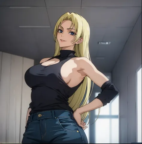 1girl,alone,yuki tsukumo,((best quality)), ((highly detailed)), masterpiece, detailed, large breasts, medium waist, wide hips, medium thighs, round butt, mature woman, blonde, long hair, focus feminine, sexy body, seductive smiling, standing, room, bedroom...