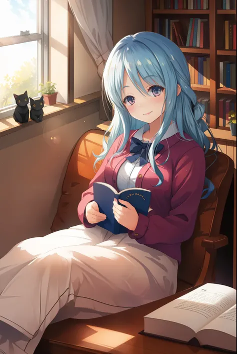 1girl,cat,girl with cat,sunlit room,cozy atmosphere,warm and inviting,home environment,bright afternoon sunlight,window seat,books,smiling girl,peaceful,serene setting,soft colors,girl with cat enjoying sunlit room,beautiful interior,relaxed vibe