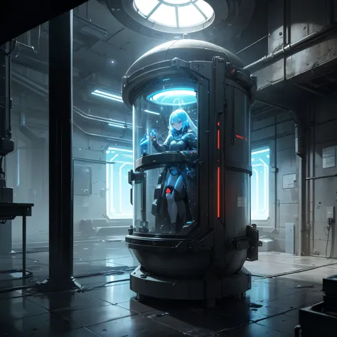 A laboratory with cybernetic and digital futuristic cryogenic glass human capsules, state-of-the-art with humans inside with cryogenic liquid. The surrounding environment is threatening, dungeon with damp stone walls and a silence that seems oppressive. 8K...