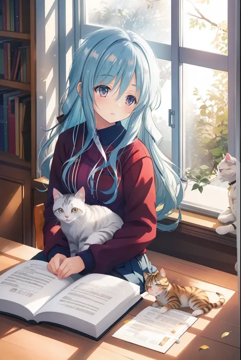 1girl,cat,girl with cat,sunlit room,cozy atmosphere,warm and inviting,home environment,bright afternoon sunlight,window seat,books,smiling girl,peaceful,serene setting,soft colors,girl with cat enjoying sunlit room,beautiful interior,relaxed vibe