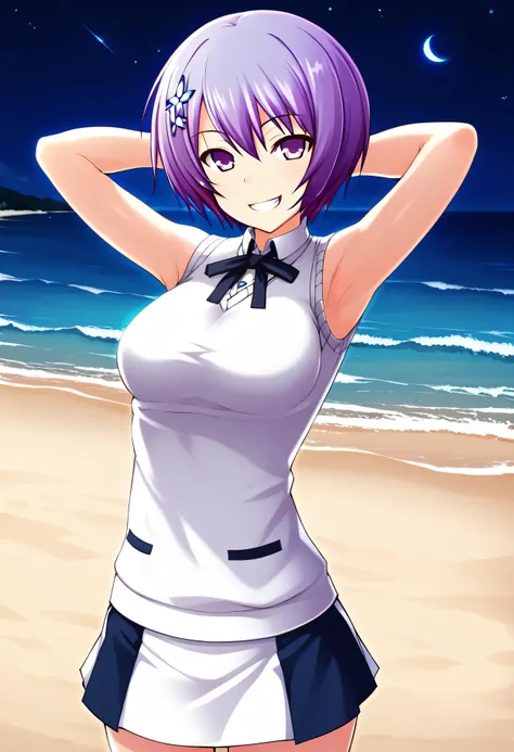 Shiina Miyako, purple hair, short hair, purple eyes, hair ornament, , short sleeves, white sweater vest, white shirt, white skirt, neck ribbon, black ribbon, high quality, solo, night sky, beach, arms behind head, contrapposto, closed mouth, spread armpits...