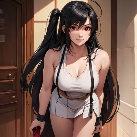 a woman wearing the standard costume of tifa lockhart, final fantasy vii (square enix) long black hair, red eyes, smiling, ahoge...