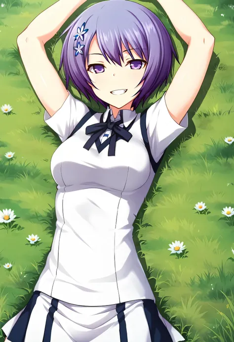 Shiina Miyako, purple hair, short hair, purple eyes, hair ornament, , short sleeves, white sweater vest, white shirt, white skirt, neck ribbon, black ribbon, high quality, looking at viewer, closed mouth, on back, on grass, arms up, spread arms, expression...