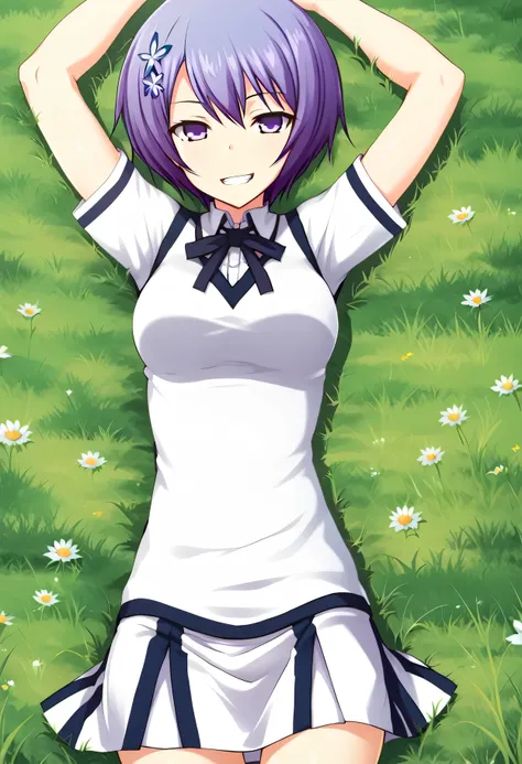 Shiina Miyako, purple hair, short hair, purple eyes, hair ornament, , short sleeves, white sweater vest, white shirt, white skirt, neck ribbon, black ribbon, high quality, looking at viewer, closed mouth, on back, on grass, arms up, spread arms, expression...