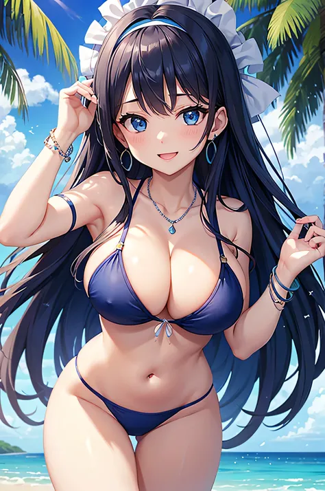 highest quality、highest quality、masterpiece、Beauty、Navy blue long hair、blue eyes、Navy Blue Bikini、Big cleavage、(Big Breasts),smile、blue necklace、Blue Earrings、background(Beach)、Please open your mouth wide、White headband、bracelet、Put your chest close