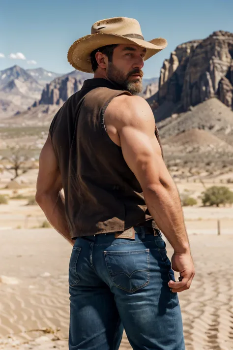 Mature man, best quality, adventurer, with brown texas hat, blue jeans,  dark gray vest, , masterpiece, super high resolution, detailed background, reality, , single, 1 boy, muscle man, beard, desert, desert, mountain, muscle, facial hair, volumetric light...