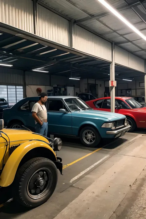 Image of a modern mechanical workshop, with several cars being repaired and mechanics working, mostrando um ambiente movimentado e profissional no formato 1920 x 1080