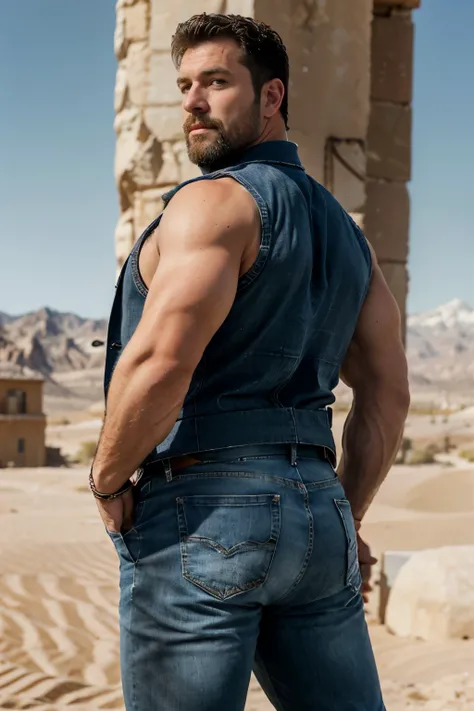 Mature man, big body, very handsome, best quality, adventurer, blue jeans,  dark gray vest, , masterpiece, super high resolution, detailed background, reality, , single, 1 boy, muscle man, beard, desert, desert, mountain, muscle, facial hair, volumetric li...