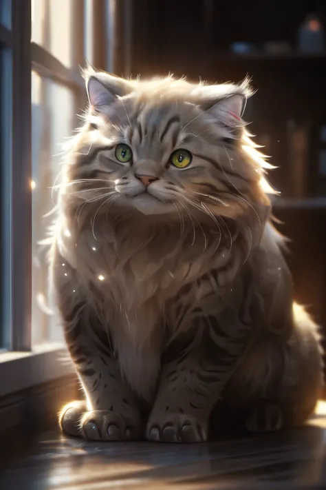 a large fluffy cat, incredibly detailed, hyper realistic, intricate fur texture, intense eyes, whiskers, adorable expression, sitting on a windowsill, soft lighting, warm colors, 8k, cinematic composition, masterpiece, award-winning, highly detailed, photo...