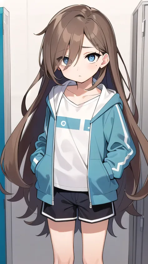 Girl, ( light brown hair :1.5), (black eyes:1.1), (big eyes: 1.1), (sagging eyes: 1.5), (very long hair:1.1), hair between eyes, cyan long-sleeved hoodie, white T-shirt, dark blue shorts, white sneakers, (flat chest), (straight hair), very short, only , dr...