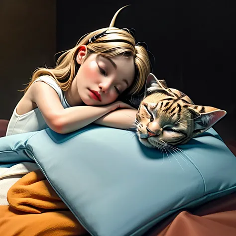 Fantasy、Alice in Wonderland、Couple、Girl and Orange Tabby、(A girl sleeping while leaning against an orange tabby:1.５)、Forest Background、Beautiful detailed eyes、Beautiful detailed lips、Highly detailed faces and features、Long eyelashes、Cinematic lighting、Dram...