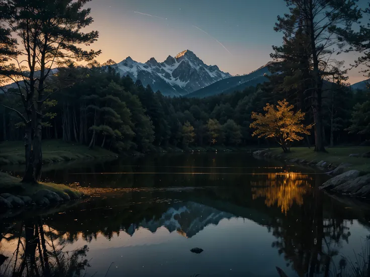 best quality,ultra-detailed,realistic landscape,masterpiece:1.2,night scene,forest silhouette,majestic mountains,calm and serene,peaceful ambiance,twinkling lights,subtle reflections,deep tranquility,soft color palette,subdued tones,dreamlike quality splen...