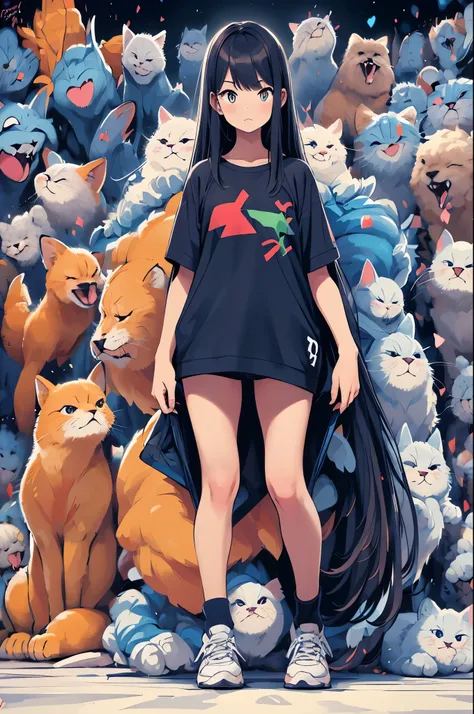 Gal, With cats, Baggy oversized socks, (((masterpiece:1.4))), (highest quality:1.4), (Ultra-high resolution:1.4), (highest quality:1.2), (Super detailed:1.3), Focus on the subject, Background blur