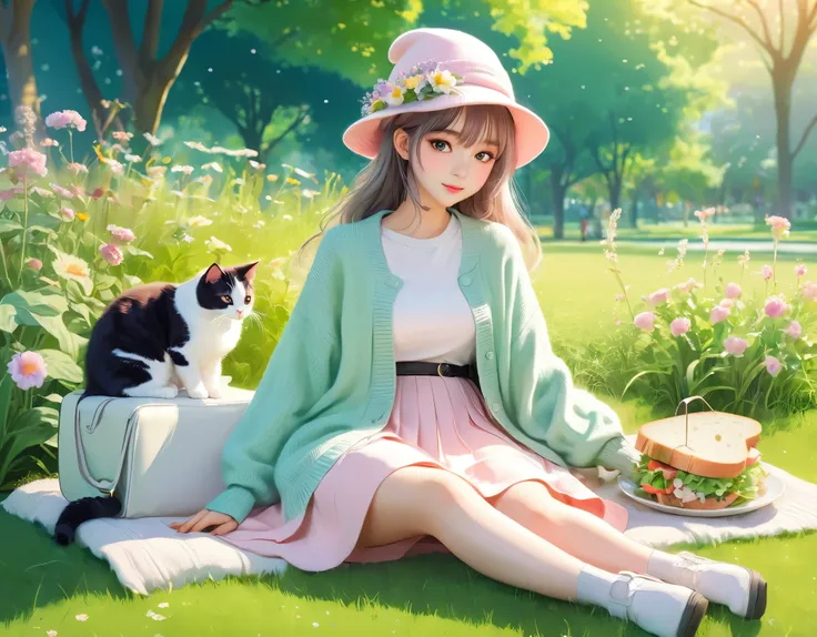 Girl with Cat, anime style, fantasy, soft light, on park grass, sandwich and salad on a leisure seat, long-sleeved pastel cardigan, long skirt and hat with flowers, cat sitting quietly on her leg