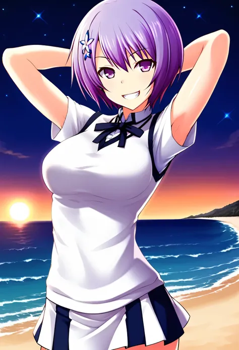 Shiina Miyako, purple hair, short hair, purple eyes, hair ornament, , short sleeves, white sweater vest, white shirt, white skirt, neck ribbon, black ribbon, high quality, solo, night sky, beach, arms behind head, contrapposto, closed mouth, spread armpits...